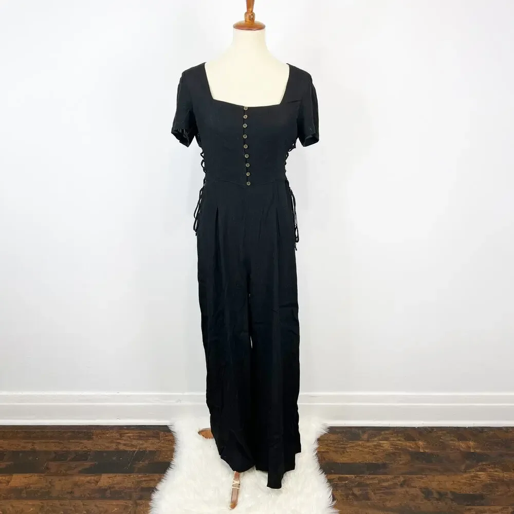 Maeve wide leg black jumpsuit lace up sides button front size 8 - Picture 4 of 10